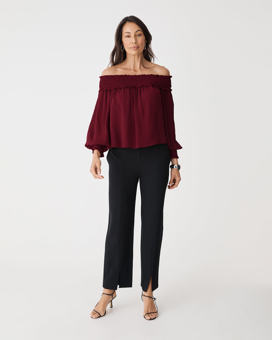 Lilly Off Shoulder Top in rhubarb — full-length view