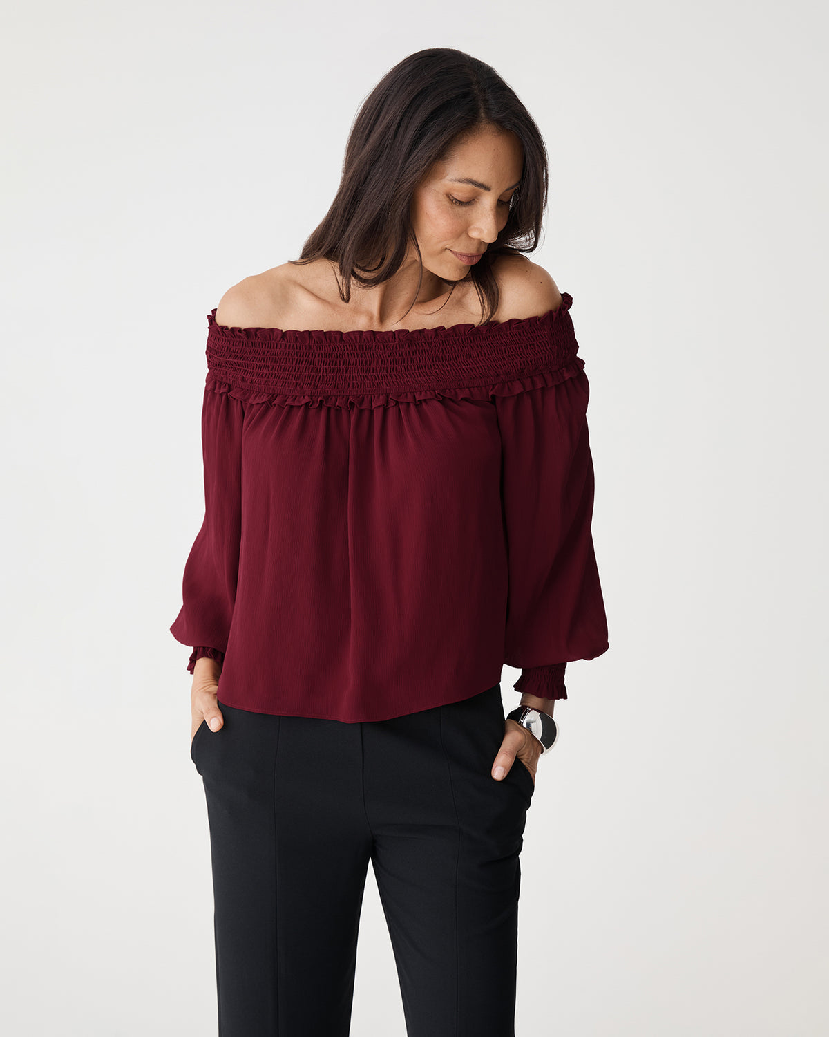 Lilly Off Shoulder Top in rhubarb — close-up view 2