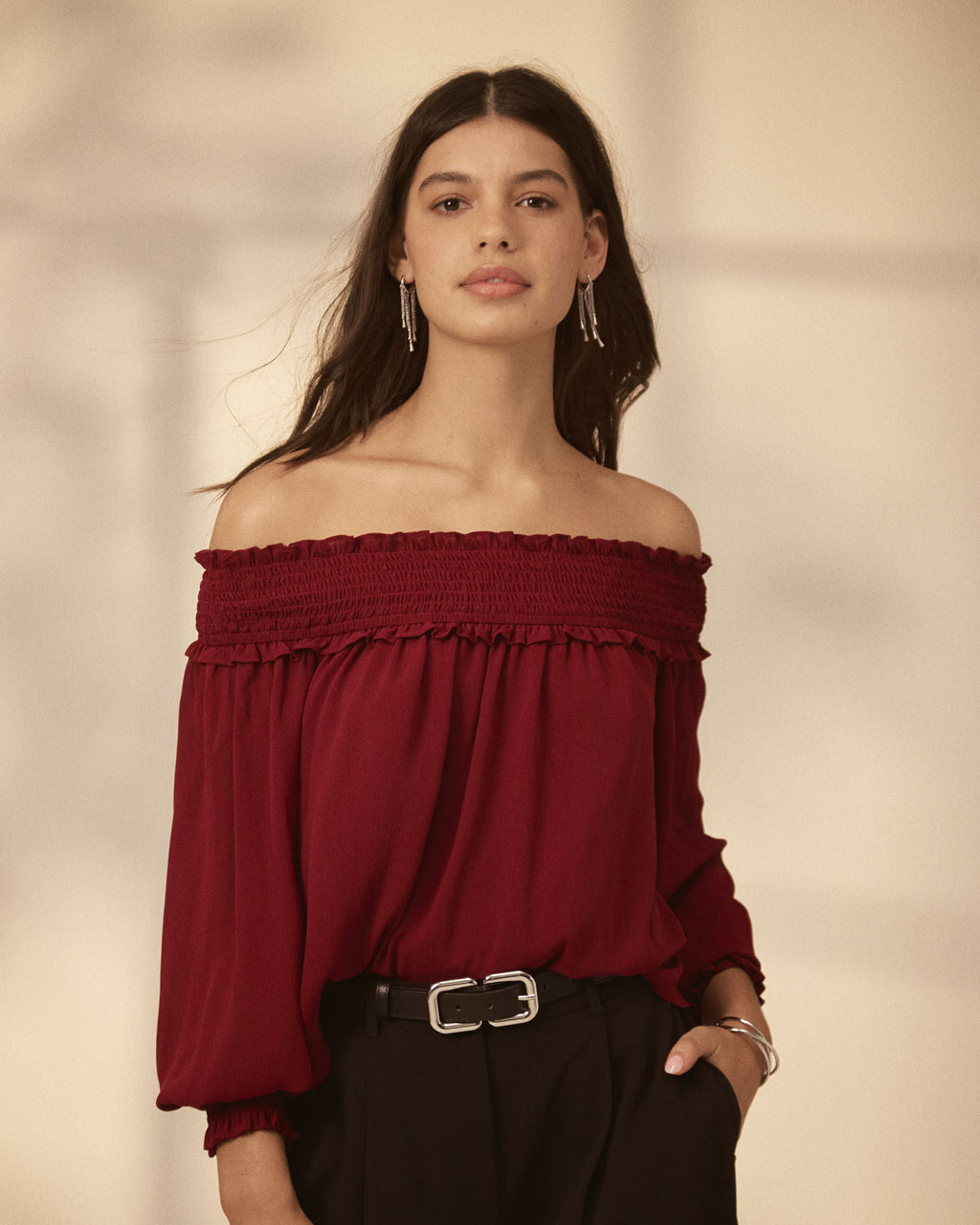 Lilly Off Shoulder Top in rhubarb — close-up view 3