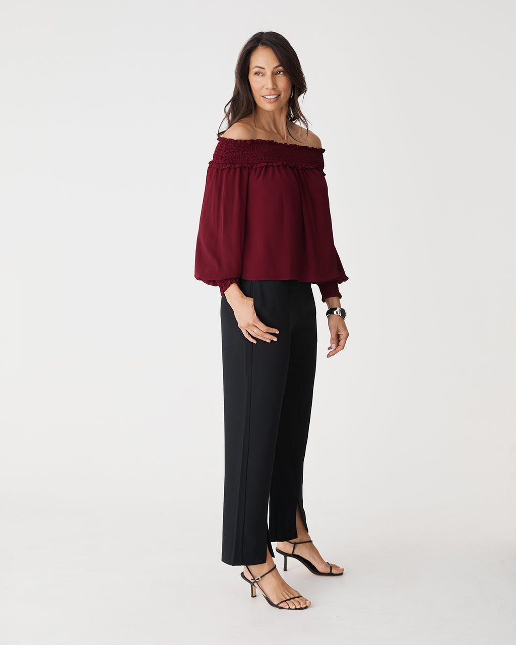 Lilly Off Shoulder Top in rhubarb — side view