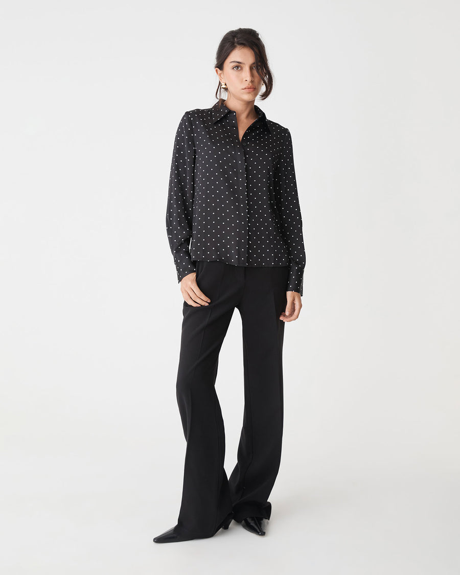 Courtney Satin Spot Shirt in black white dot — full-length view