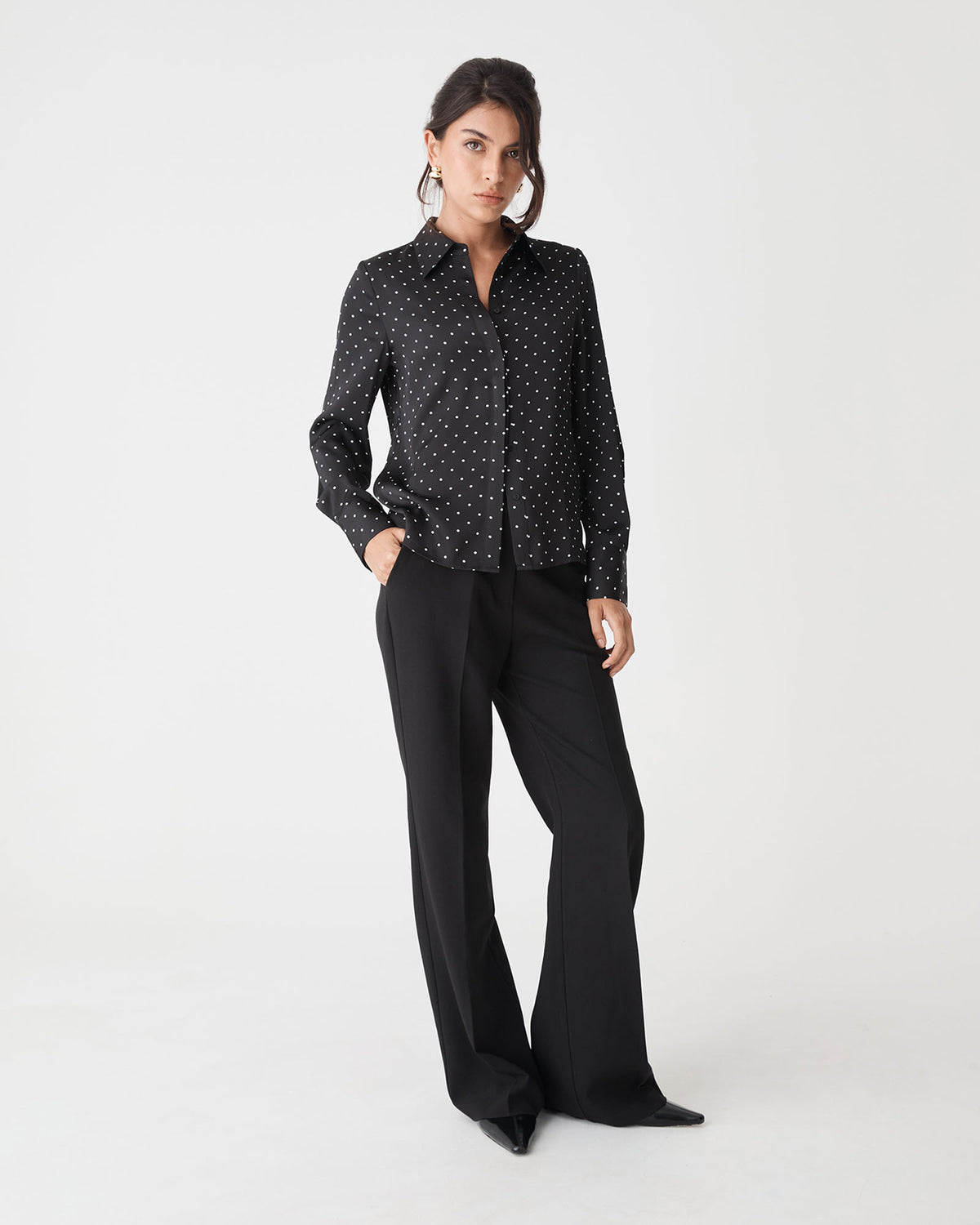 Courtney Satin Spot Shirt in black white dot — full-length view 2