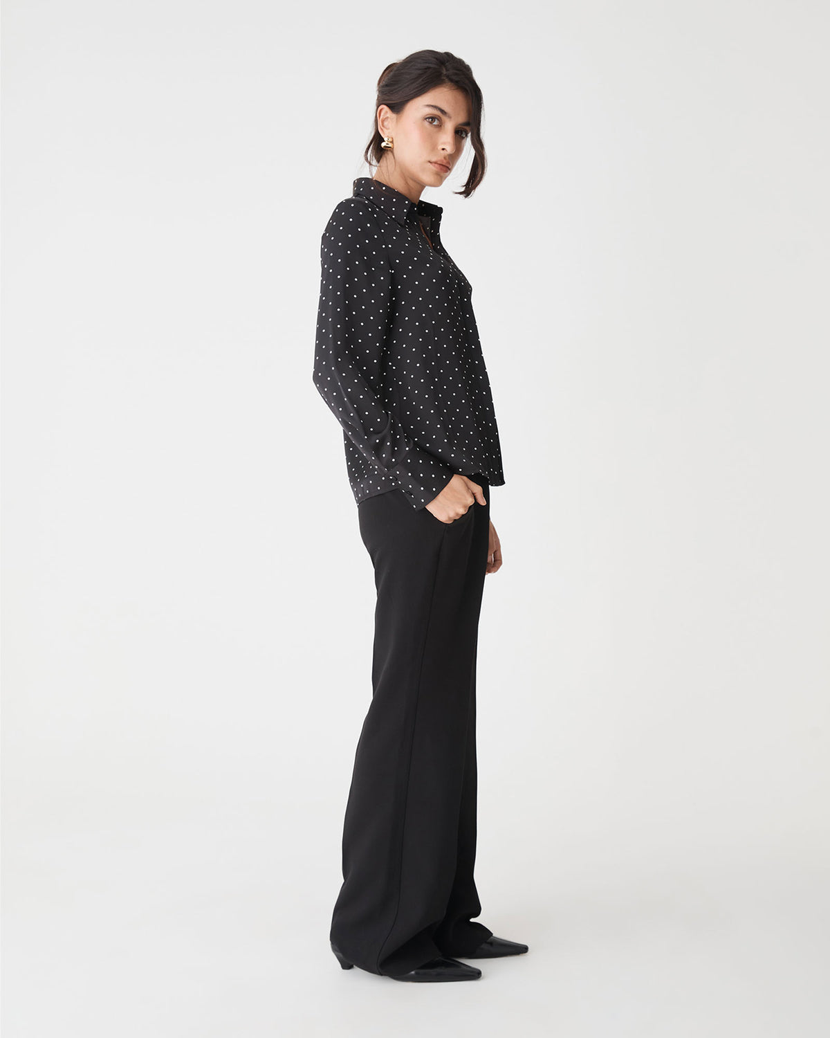 Courtney Satin Spot Shirt in black white dot — side view