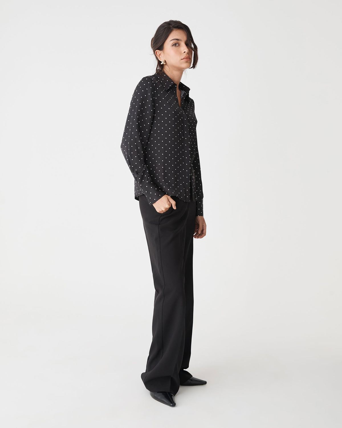Courtney Satin Spot Shirt in black white dot — side view 2