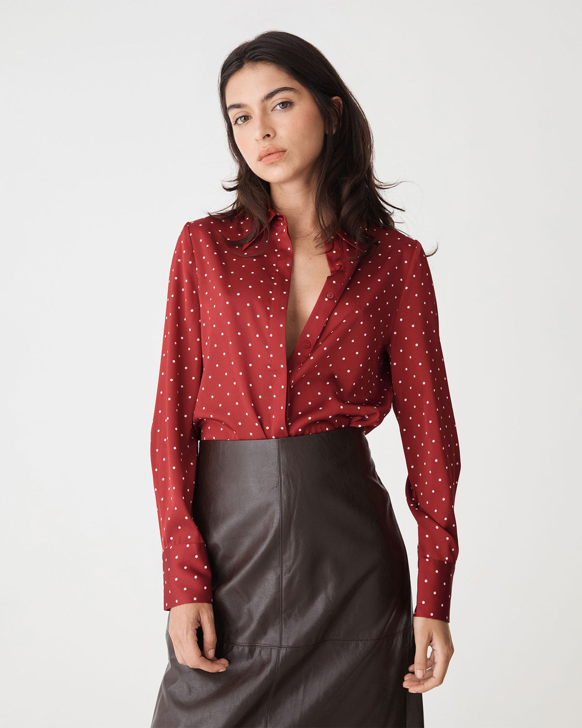 Courtney Satin Spot Shirt in dark red dot — close-up view