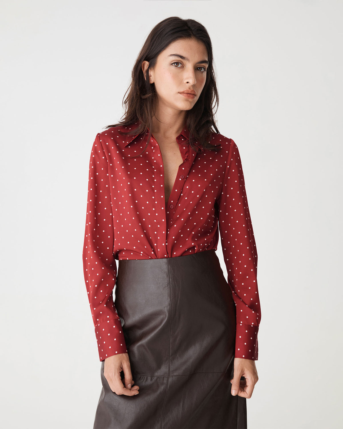 Courtney Satin Spot Shirt in dark red dot — close-up view 2
