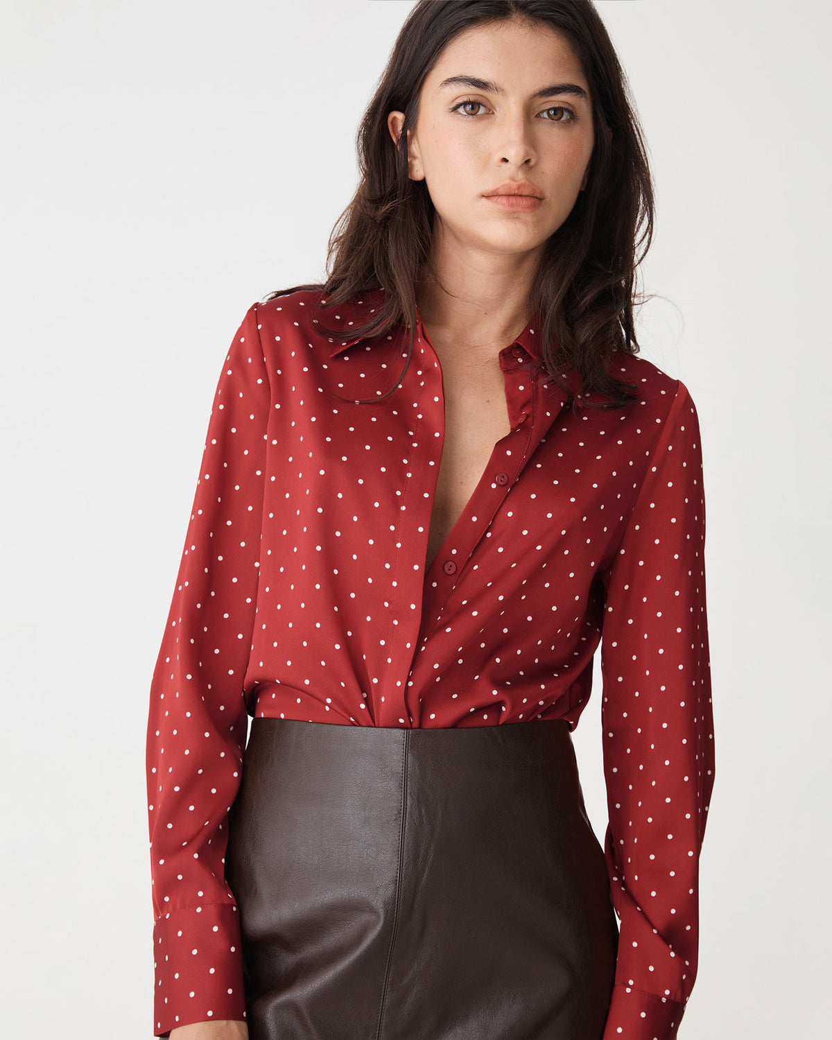 Courtney Satin Spot Shirt in dark red dot — close-up view 3