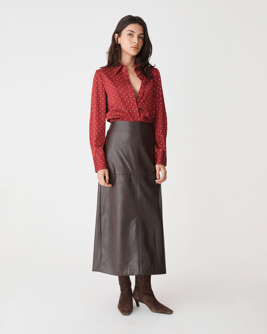 Courtney Satin Spot Shirt in dark red dot — full-length view
