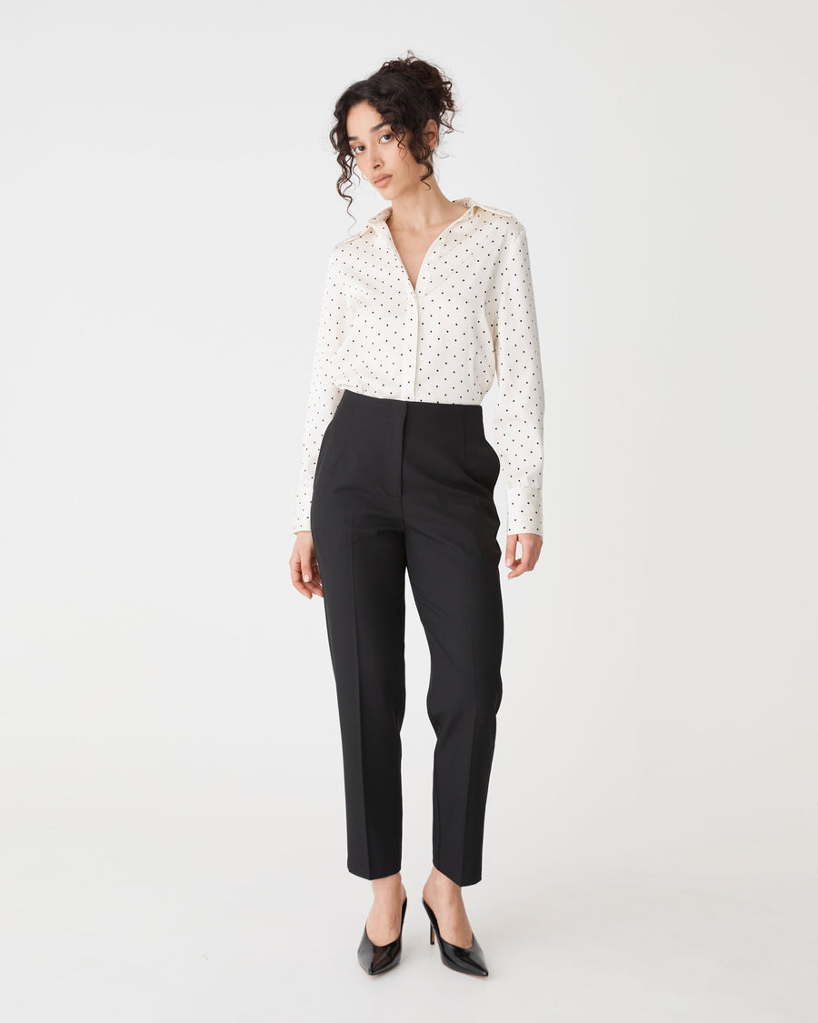 Courtney Satin Spot Shirt in ivory black dot — full-length view