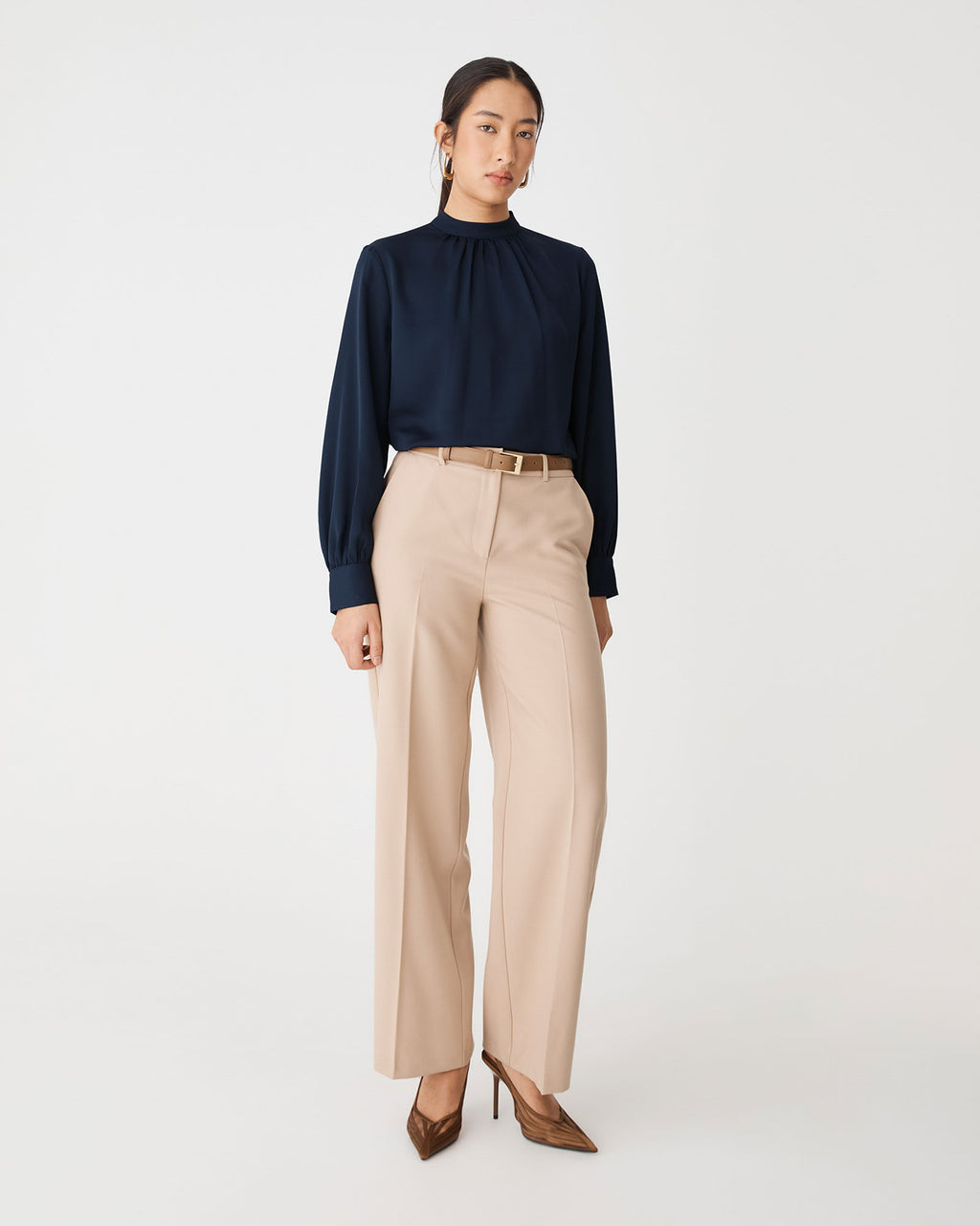 Celene Gathered Neck Top in french navy — full-length view
