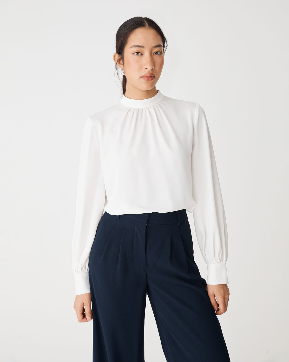 Celene Gathered Neck Top in ivory — close-up view