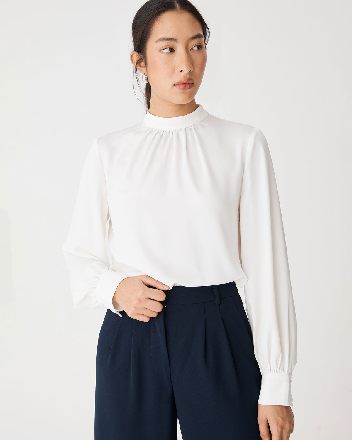 Celene Gathered Neck Top in ivory — close-up view 2