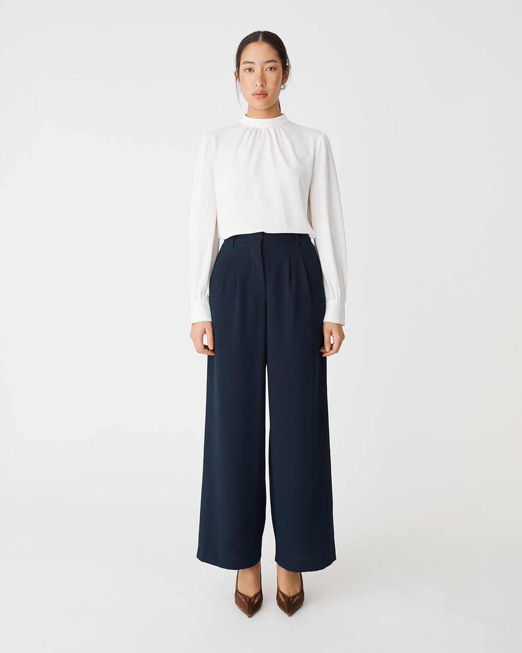 Celene Gathered Neck Top in ivory — full-length view