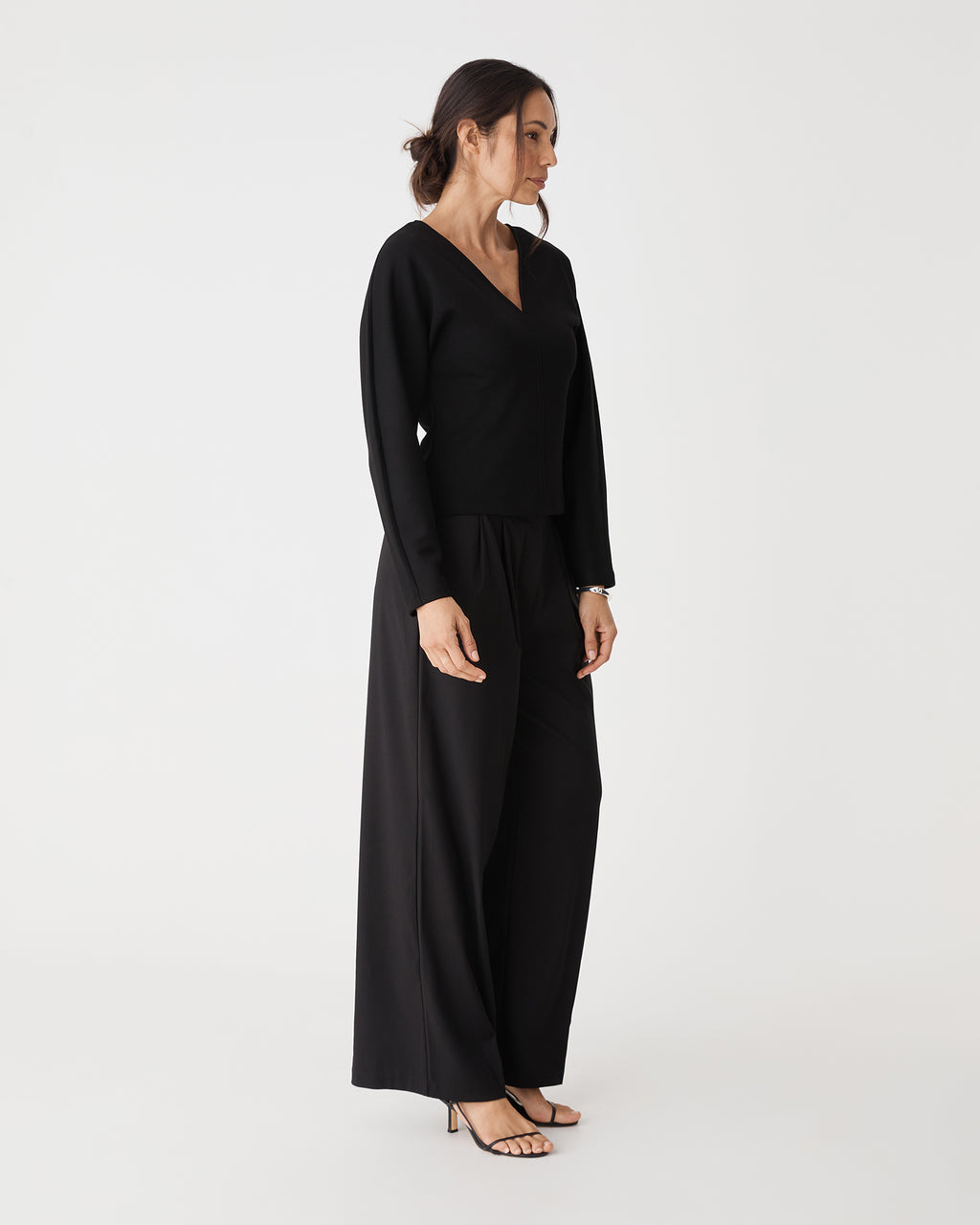 Tate V-Neck Dolman Sleeve Top in black — side view