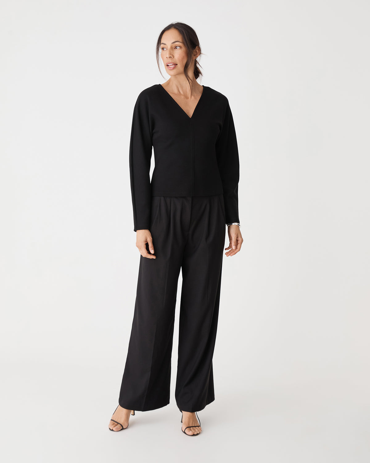 Tate V-Neck Dolman Sleeve Top in black — full-length view