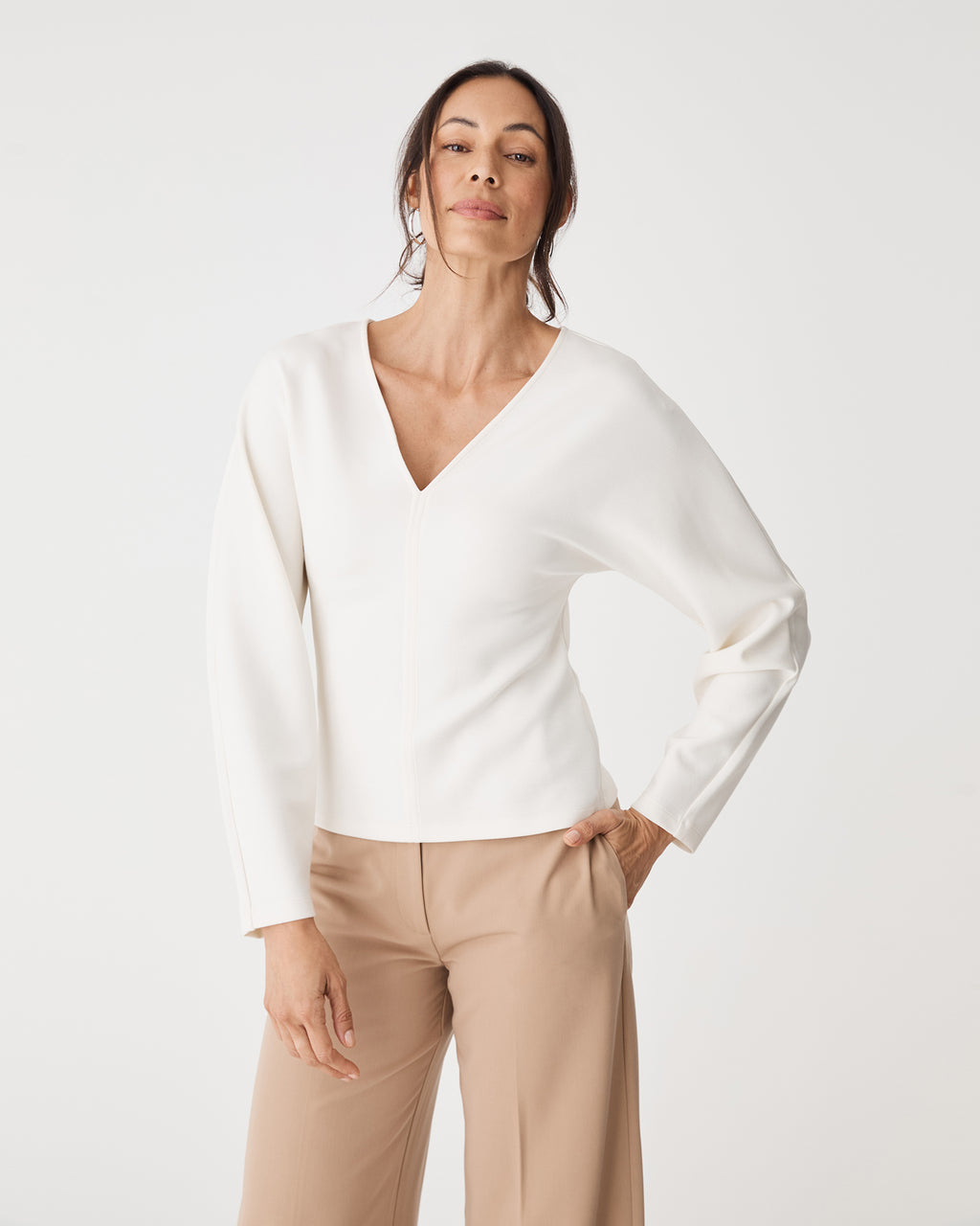 Tate V-Neck Dolman Sleeve Top in cream — close-up view 2
