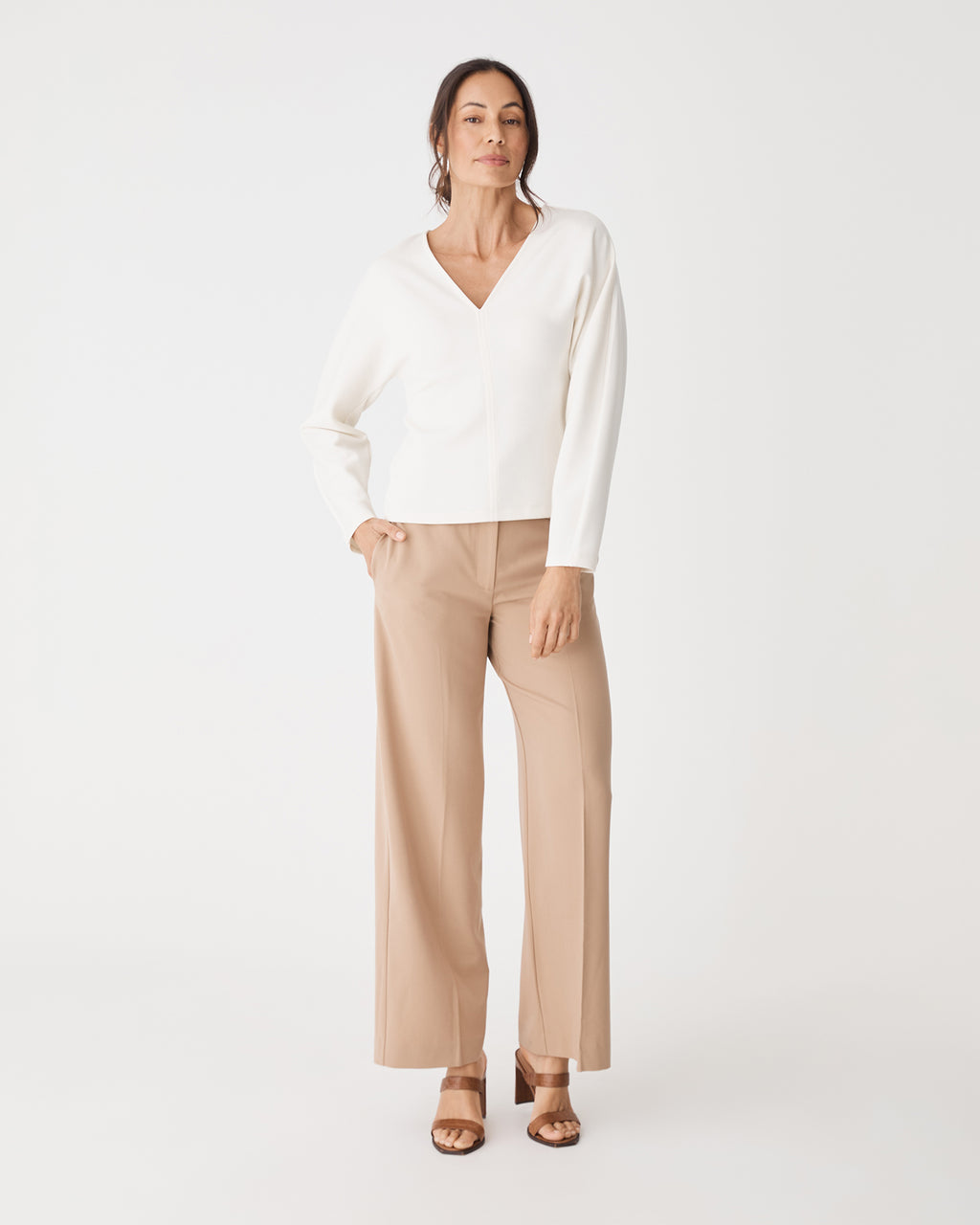 Tate V-Neck Dolman Sleeve Top in cream — full-length view