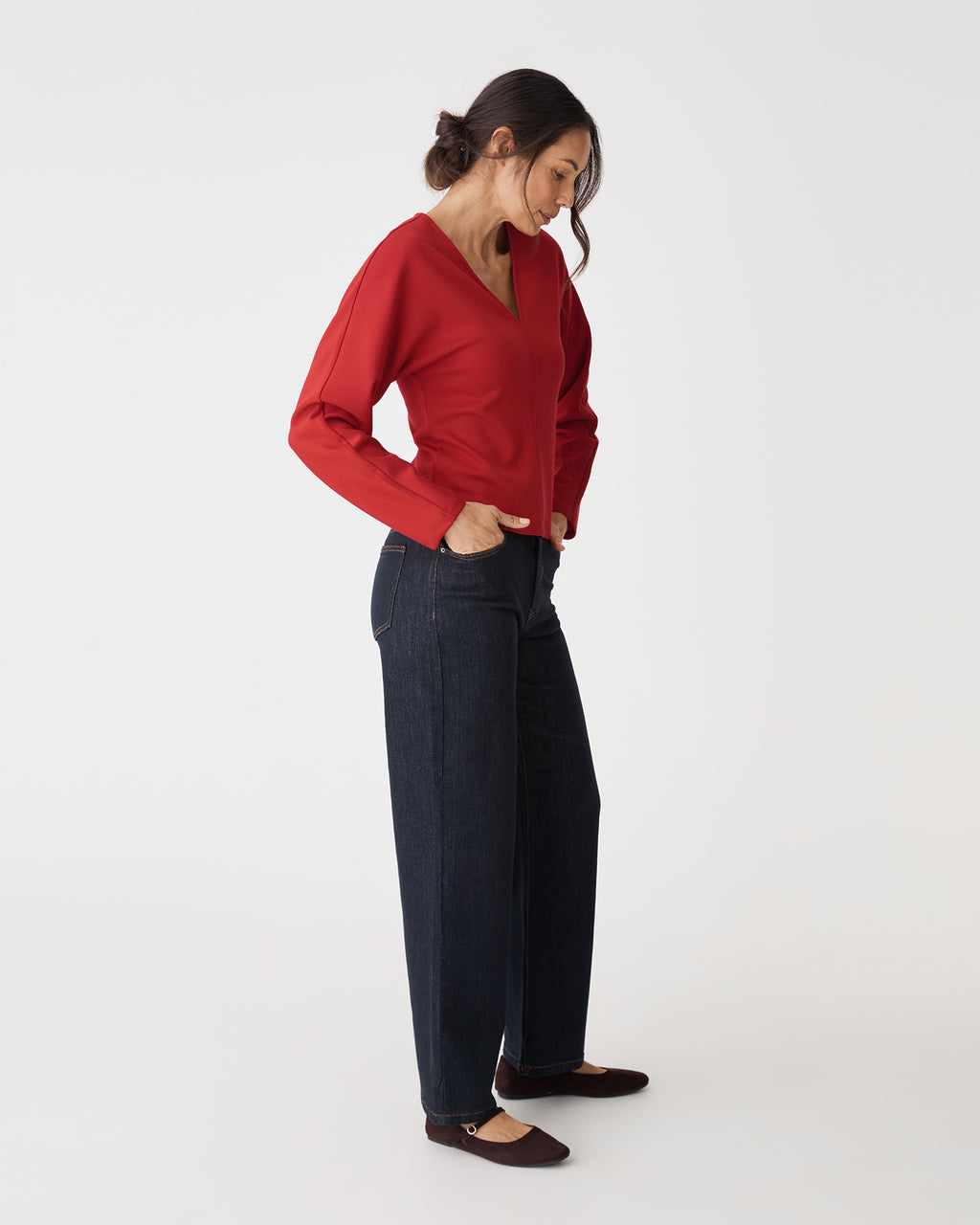 Tate V-Neck Dolman Sleeve Top in scarlet — side view