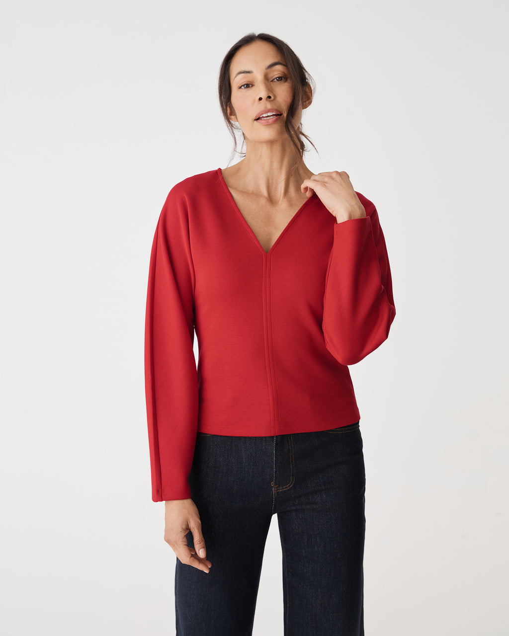 Tate V-Neck Dolman Sleeve Top in scarlet — close-up view
