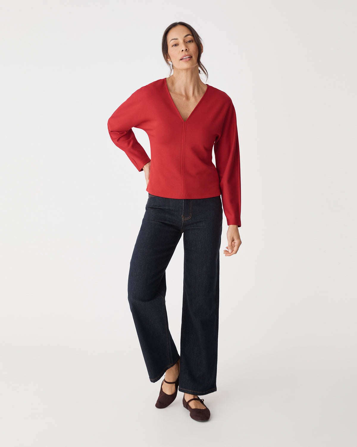 Tate V-Neck Dolman Sleeve Top in scarlet — full-length view