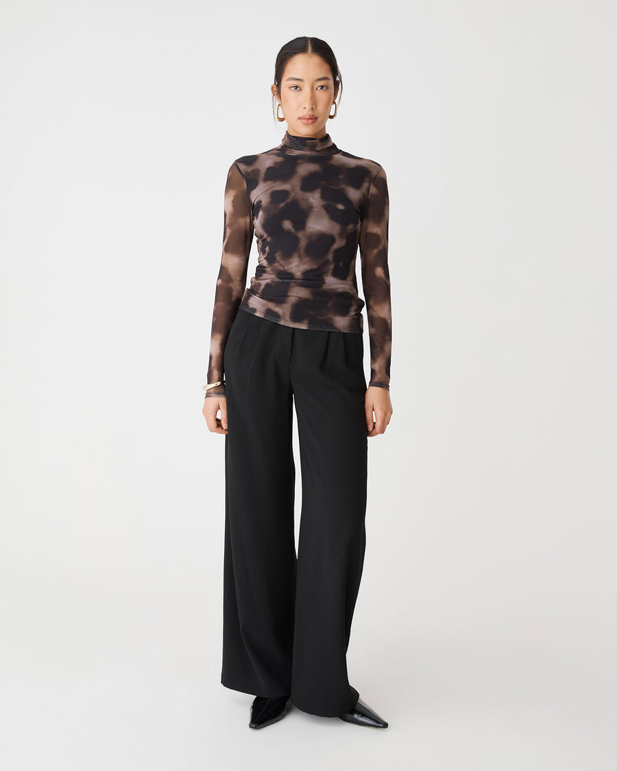 Savanna Printed Mesh Top in brown abstract — full-length view
