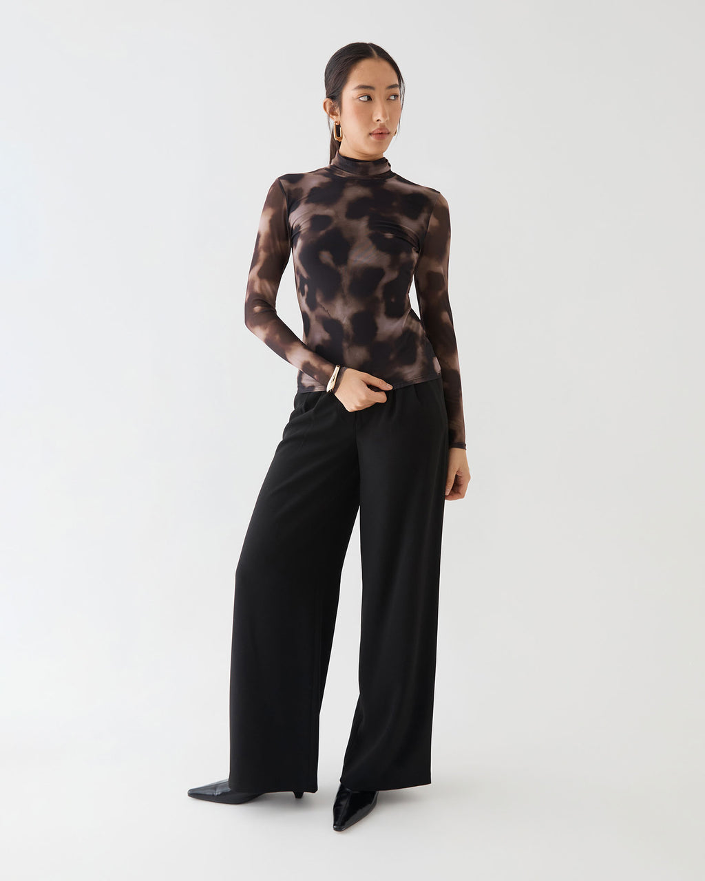 Savanna Printed Mesh Top in brown abstract — full-length view 2