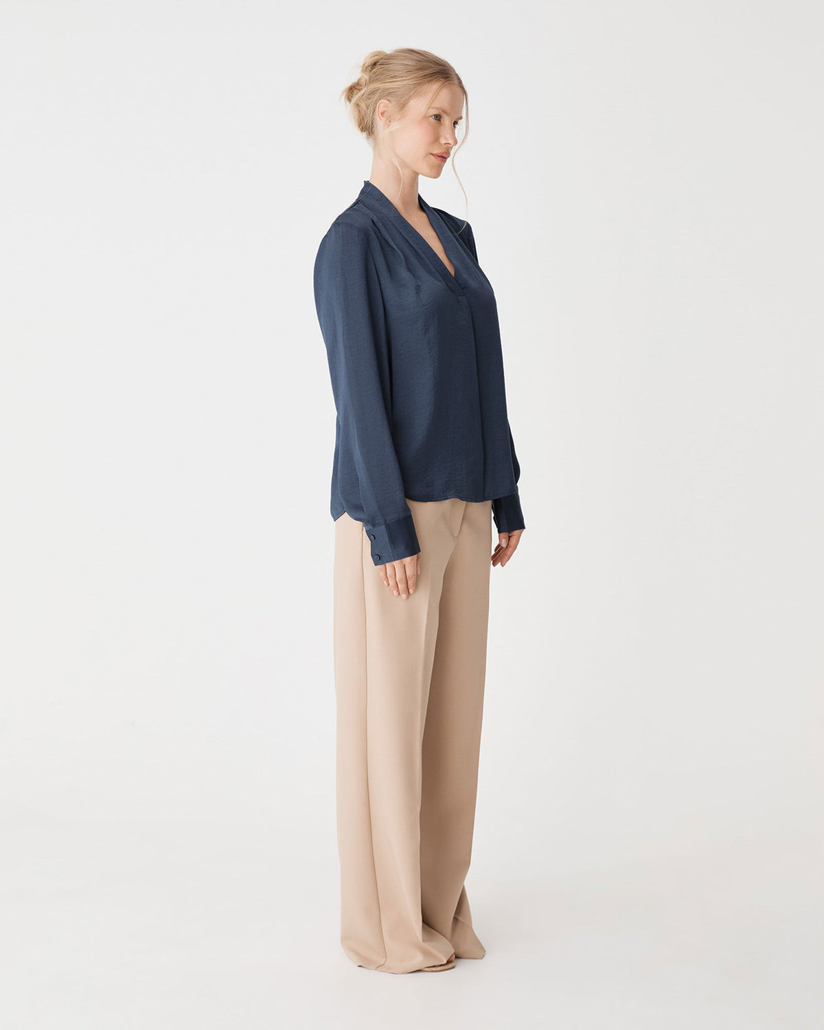 Claire Pleat Neck Satin Blouse in oyster blue — side view