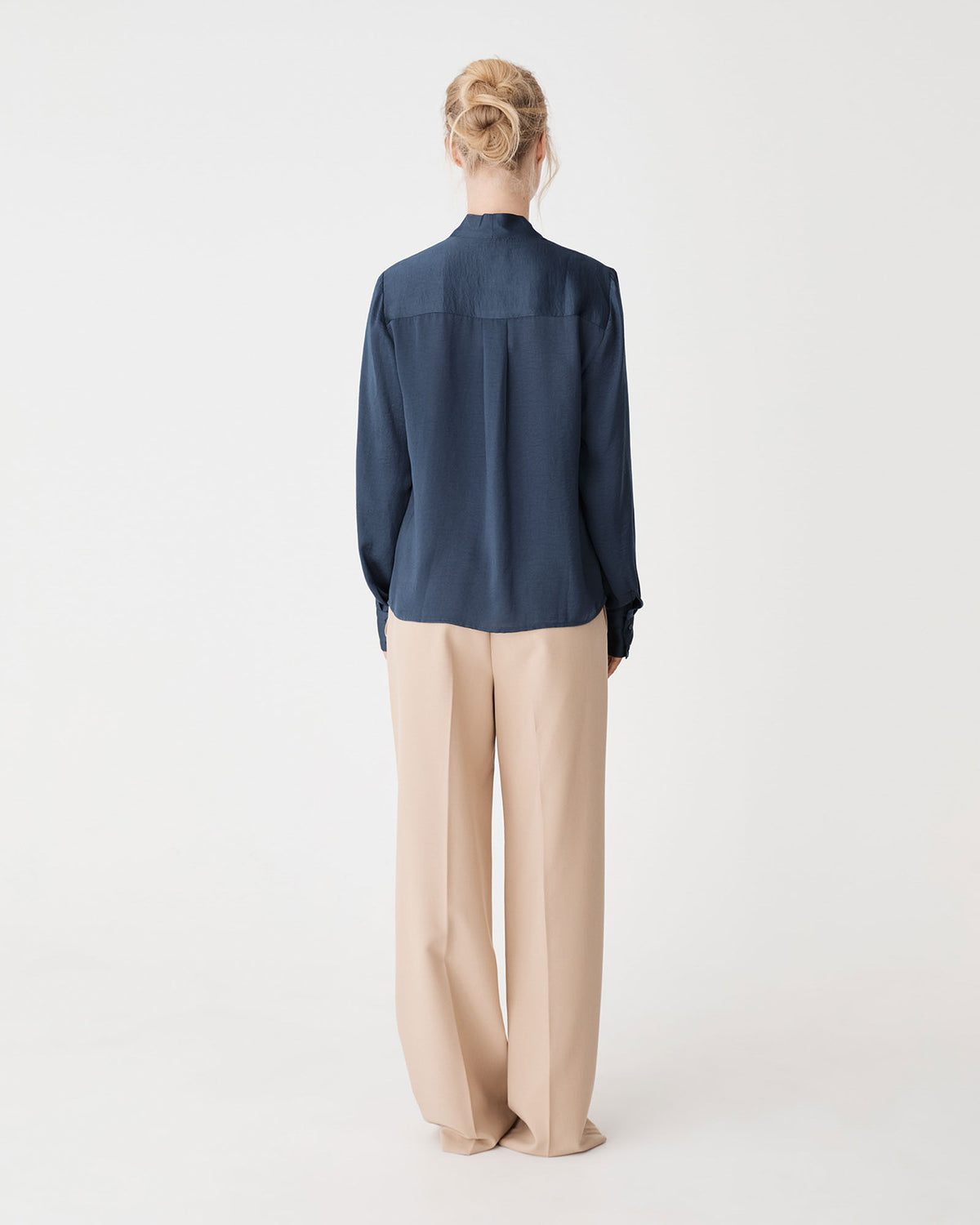Claire Pleat Neck Satin Blouse in oyster blue — back view