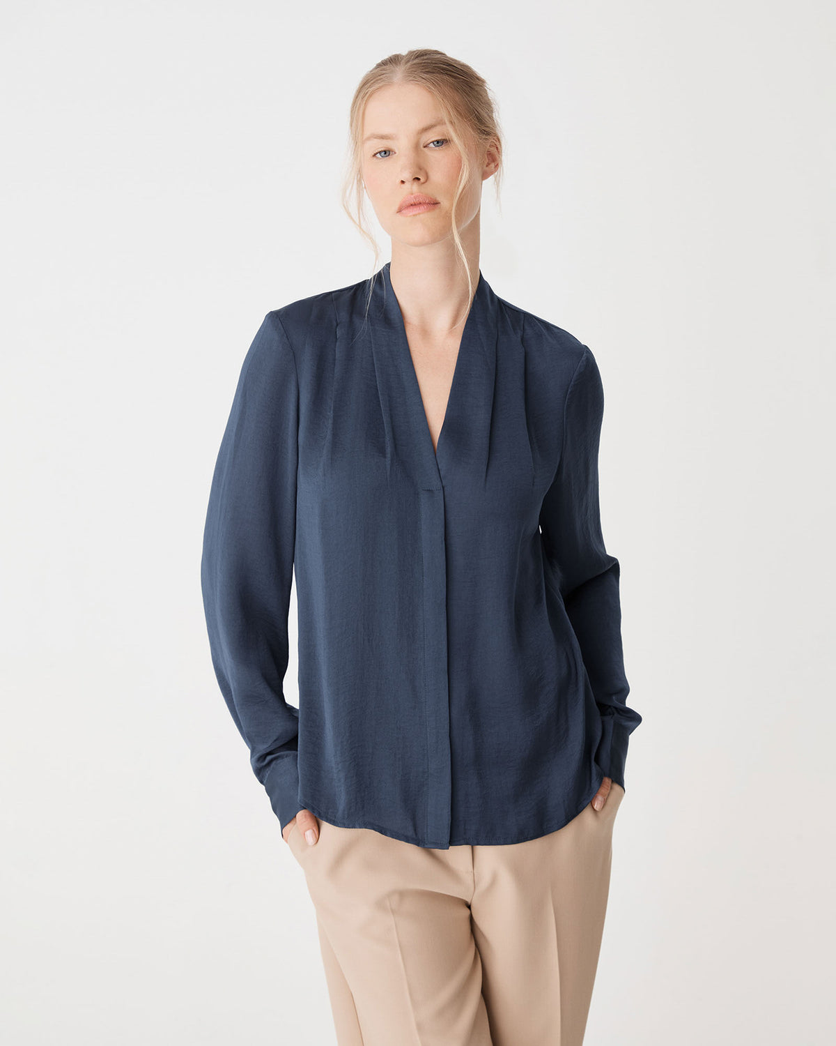 Claire Pleat Neck Satin Blouse in oyster blue — close-up view