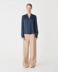 Claire Pleat Neck Satin Blouse in oyster blue — full-length view