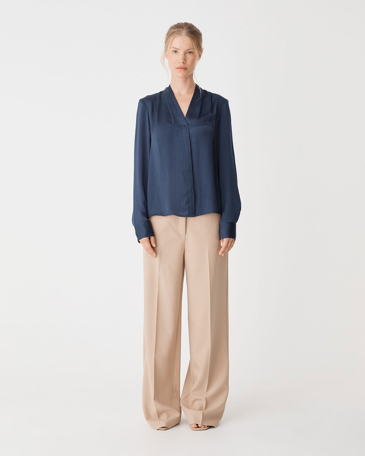 Claire Pleat Neck Satin Blouse in oyster blue — full-length view