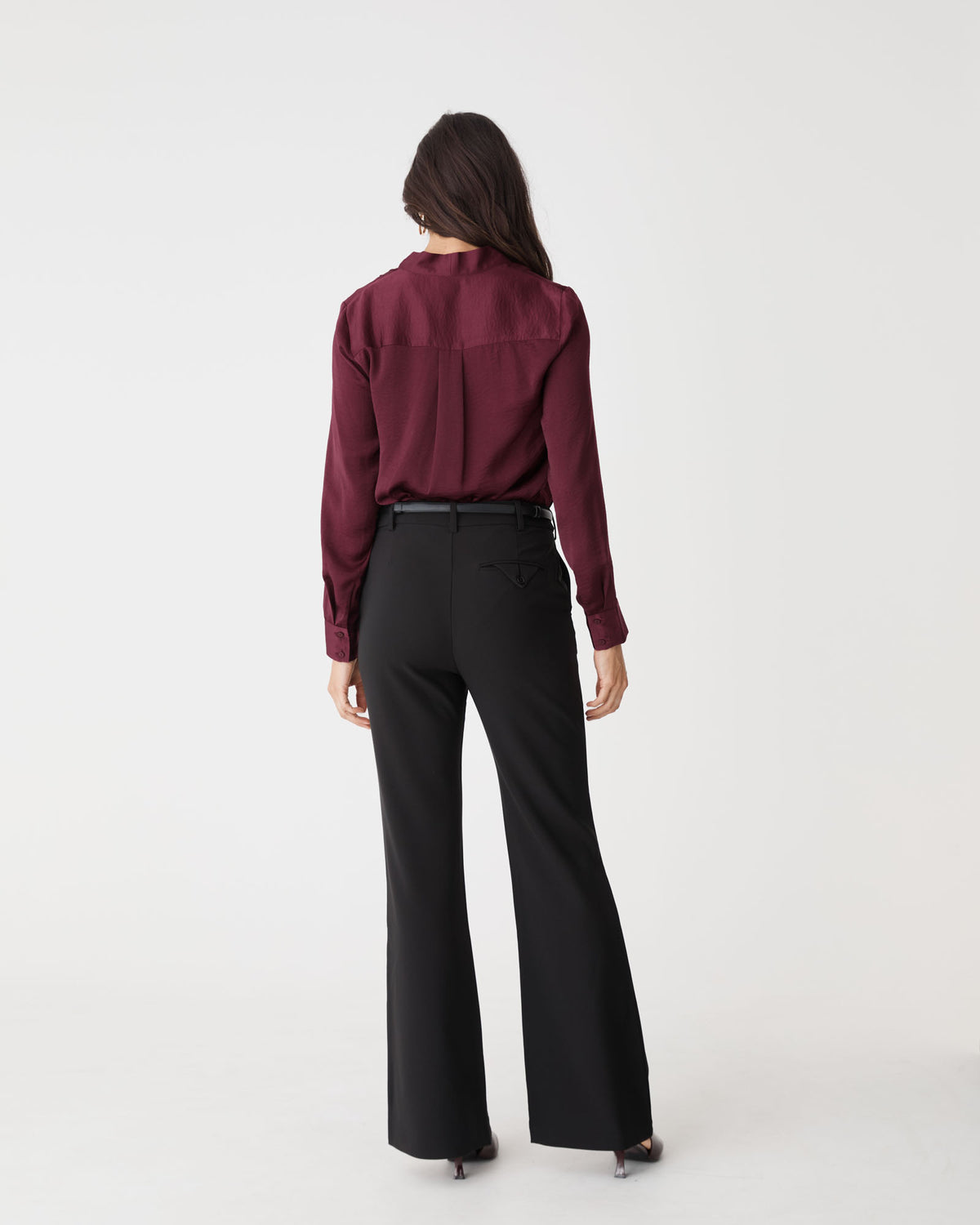 Claire Pleat Neck Satin Blouse in shiraz — back view