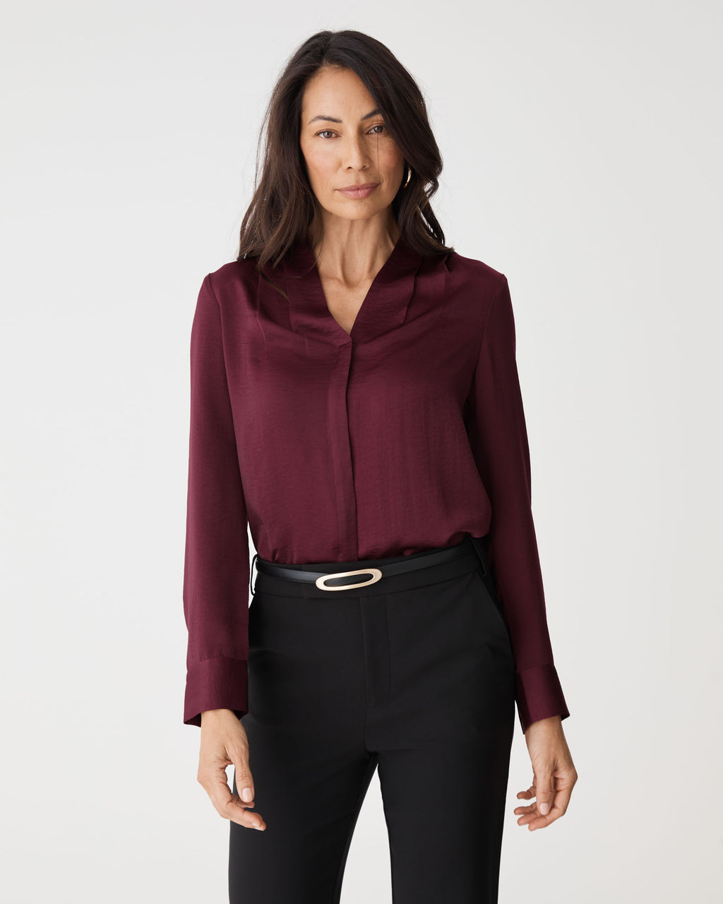 Claire Pleat Neck Satin Blouse in shiraz — close-up view