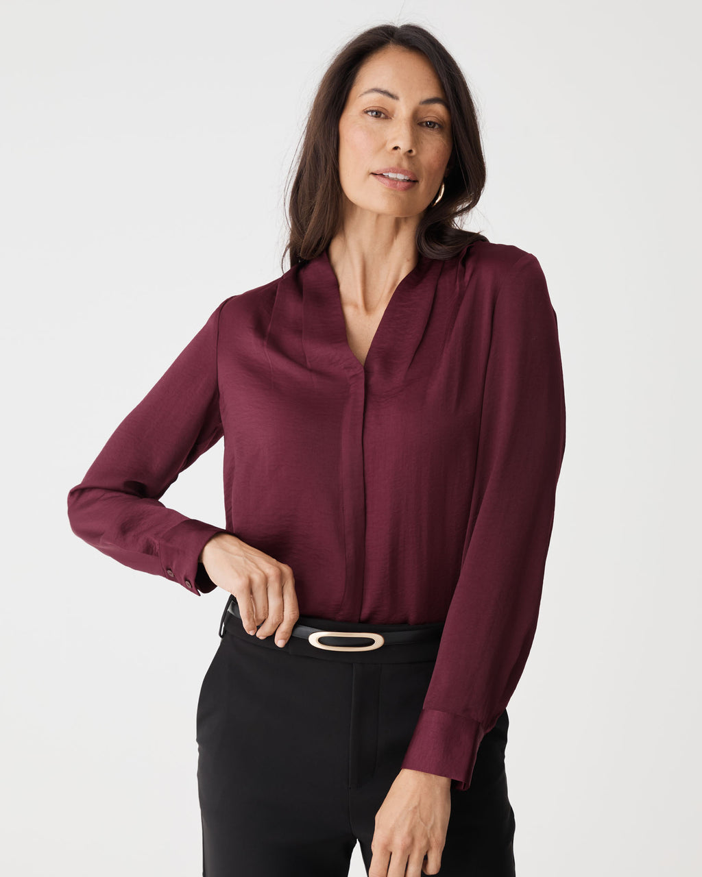 Claire Pleat Neck Satin Blouse in shiraz — close-up view 2