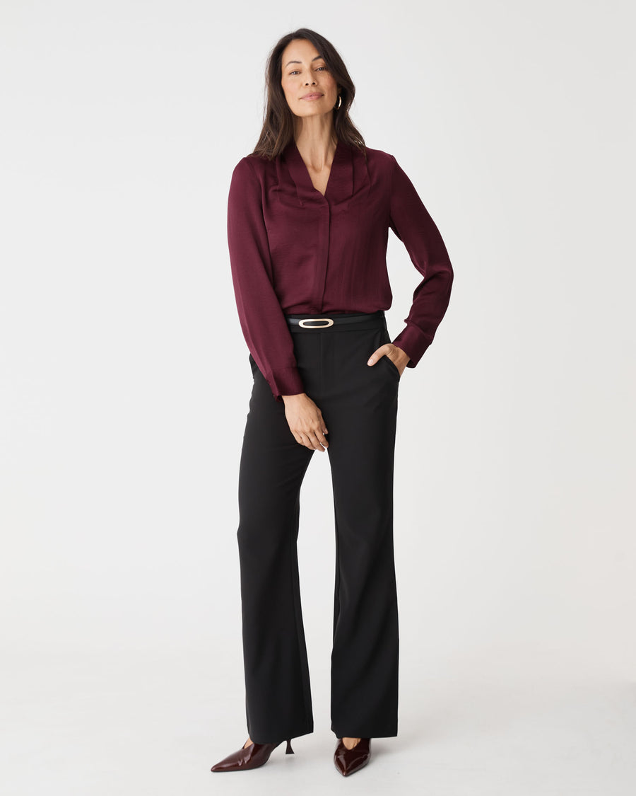 Claire Pleat Neck Satin Blouse in shiraz — full-length view