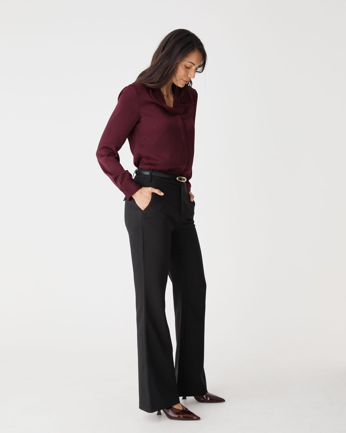 Claire Pleat Neck Satin Blouse in shiraz — side view