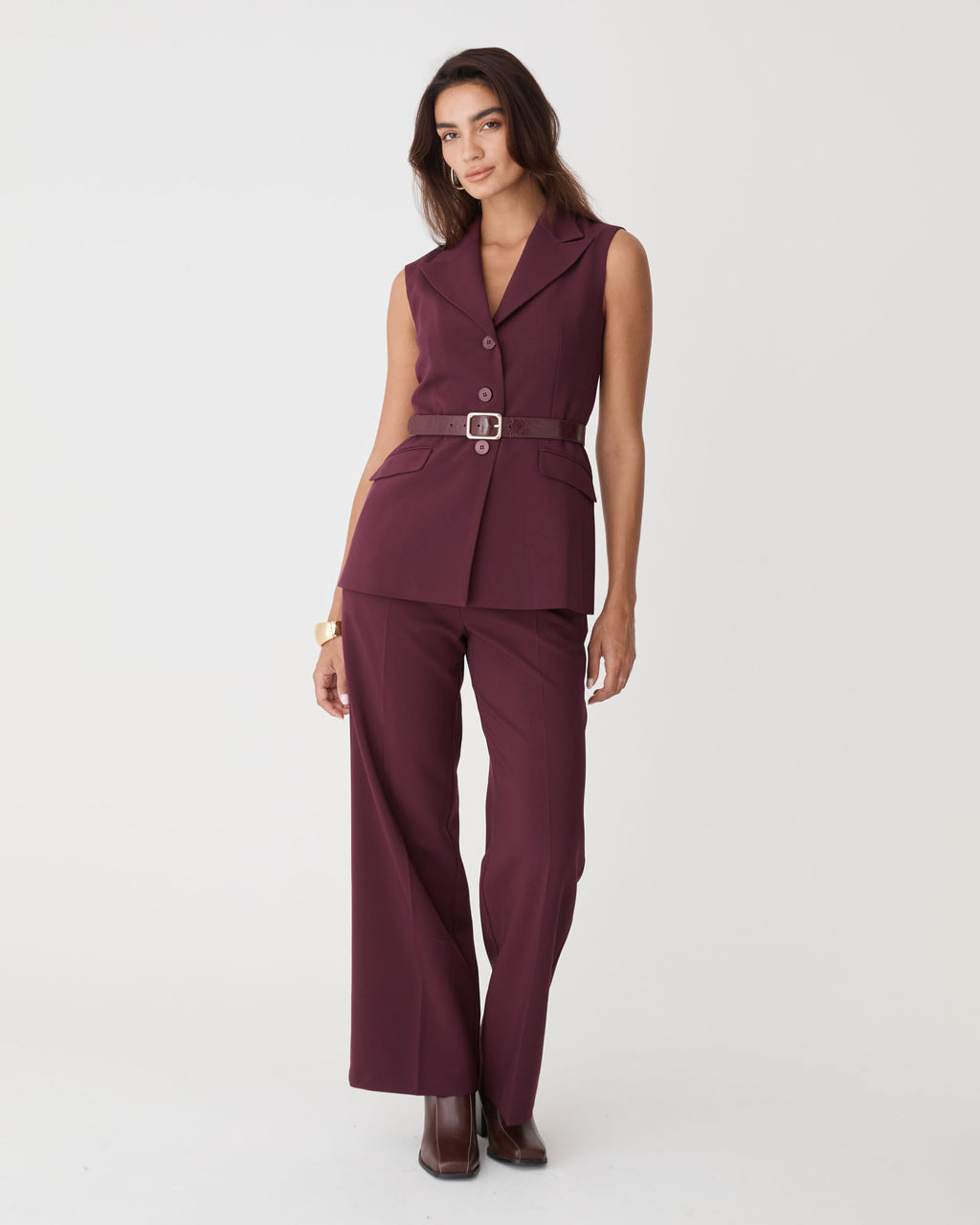Nikki Long Collared Vest in bordeaux — full-length view