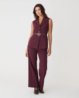 Nikki Long Collared Vest in bordeaux — full-length view