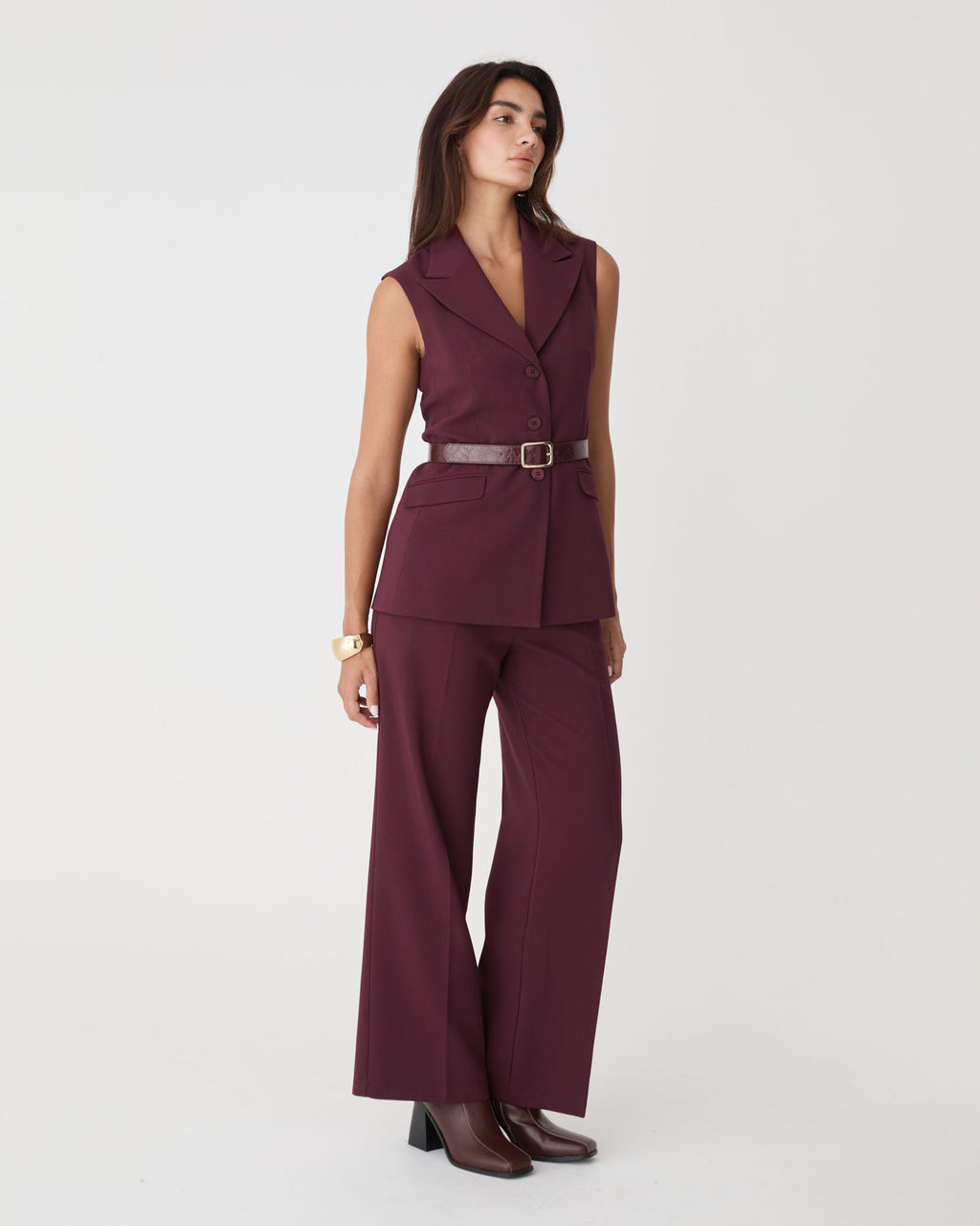 Nikki Long Collared Vest in bordeaux — side view
