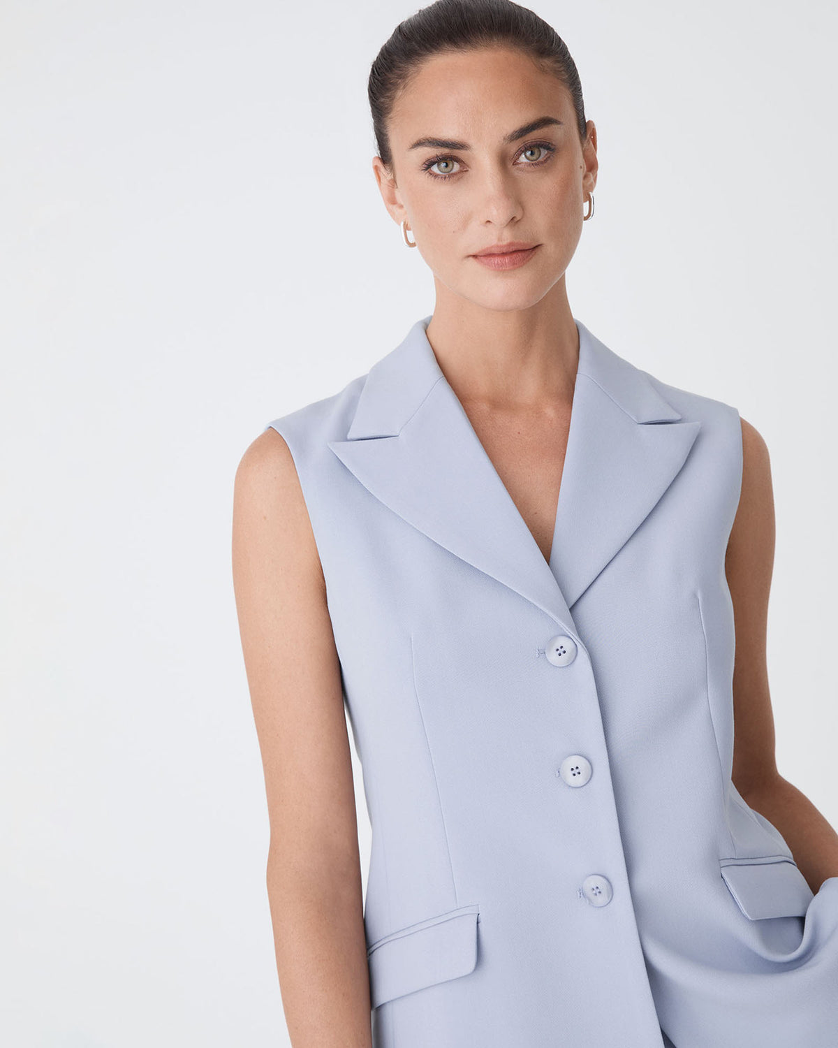 Nikki Long Collared Vest in dusk blue — fabric detail