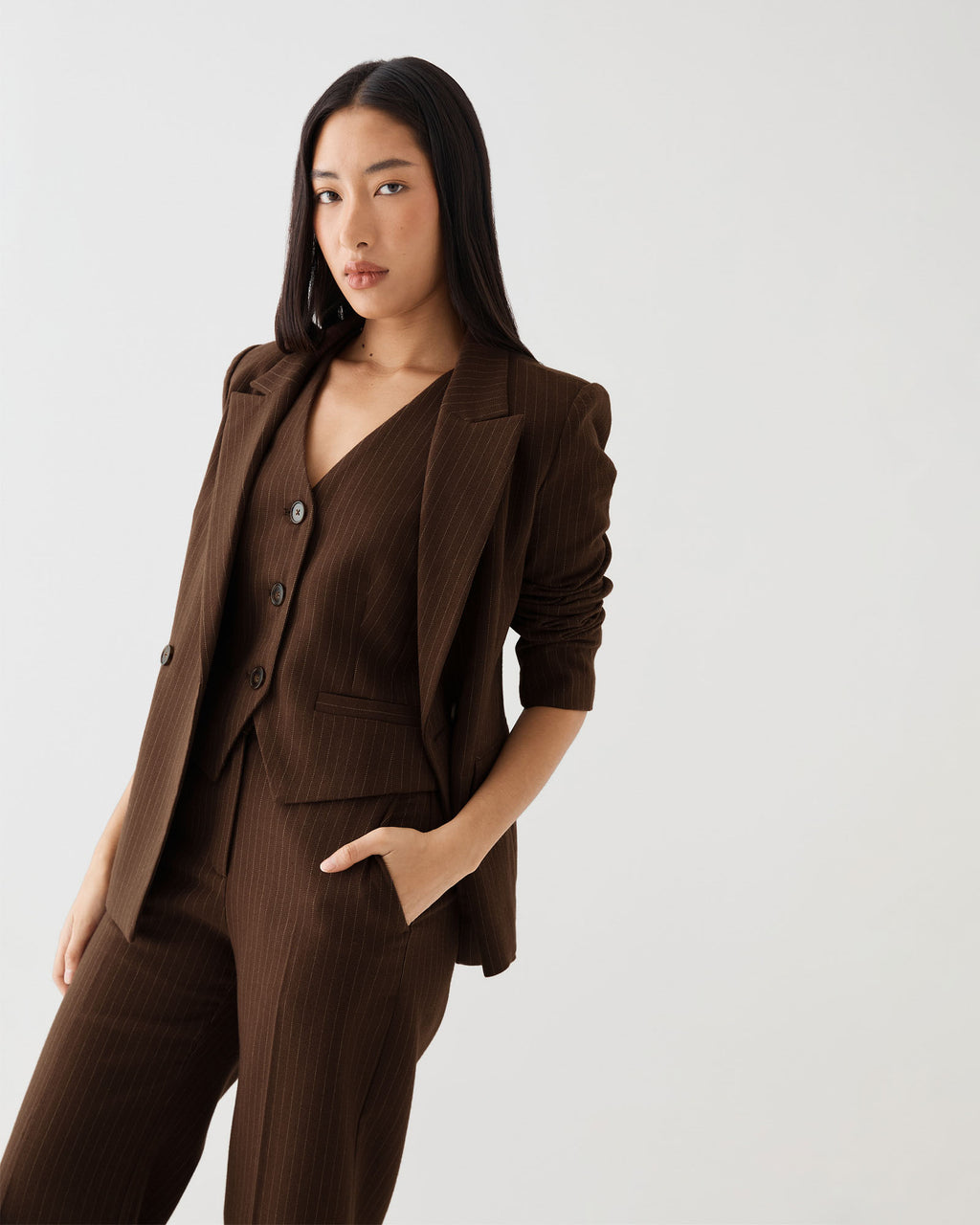 Zara Pinstripe Vest in chocolate pinstripe — close-up view 2