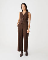 Zara Pinstripe Vest in chocolate pinstripe — full-length view