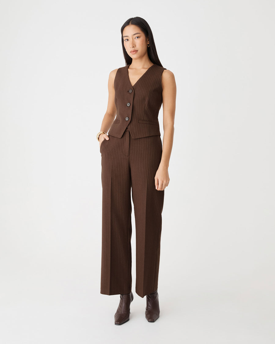 Zara Pinstripe Vest in chocolate pinstripe — full-length view