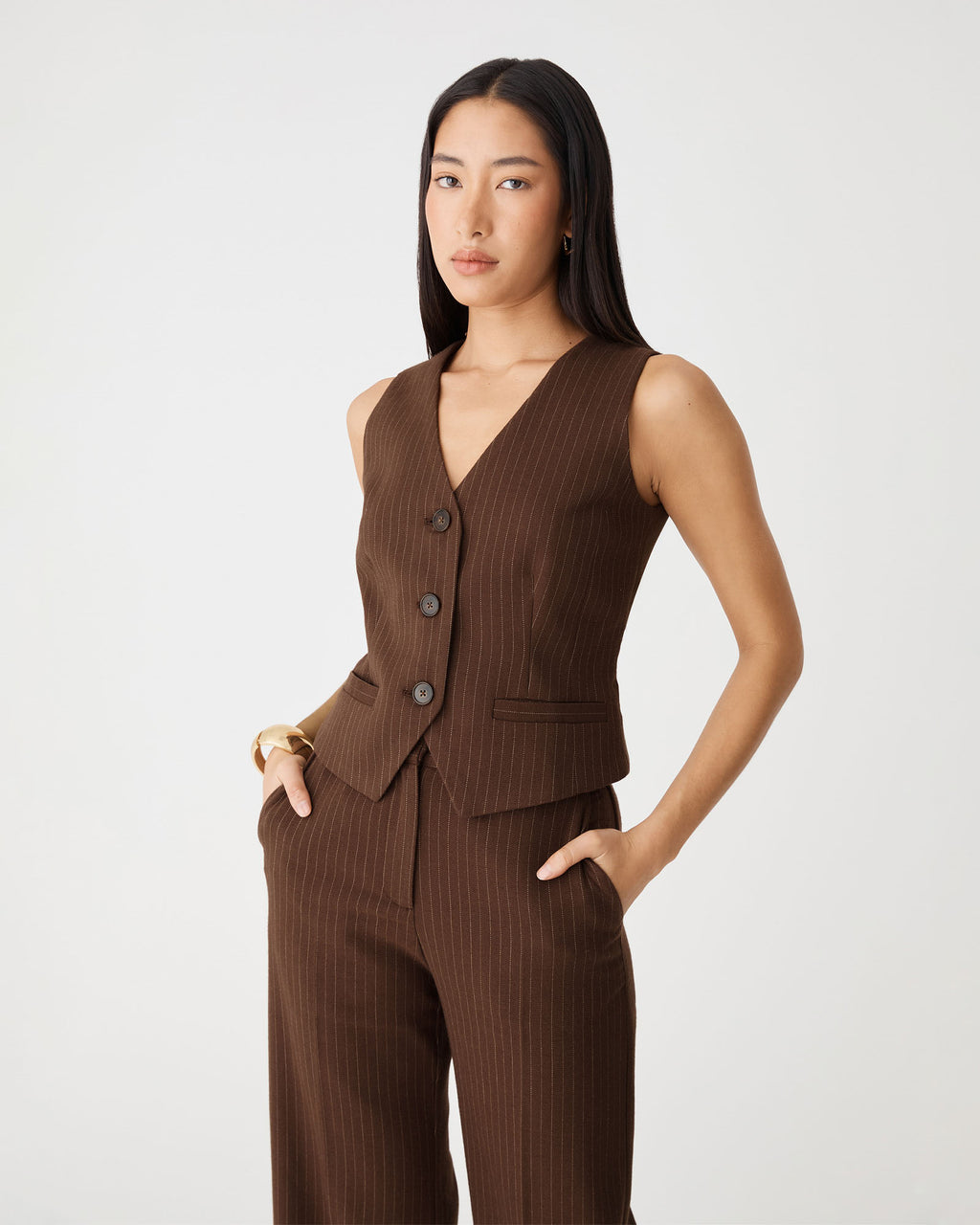 Zara Pinstripe Vest in chocolate pinstripe — side view