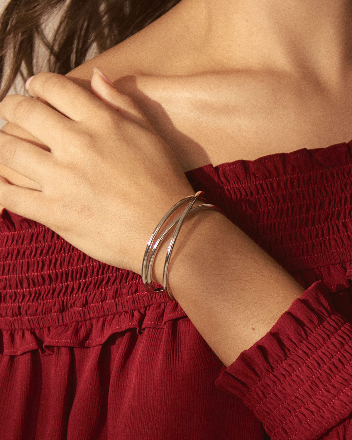 Elara Crossover Cuff in silver — close-up view