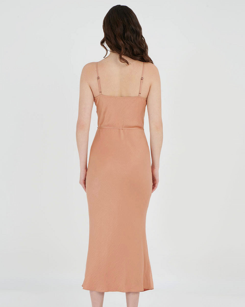 Carissa Bias Dress in dusty coral — back view