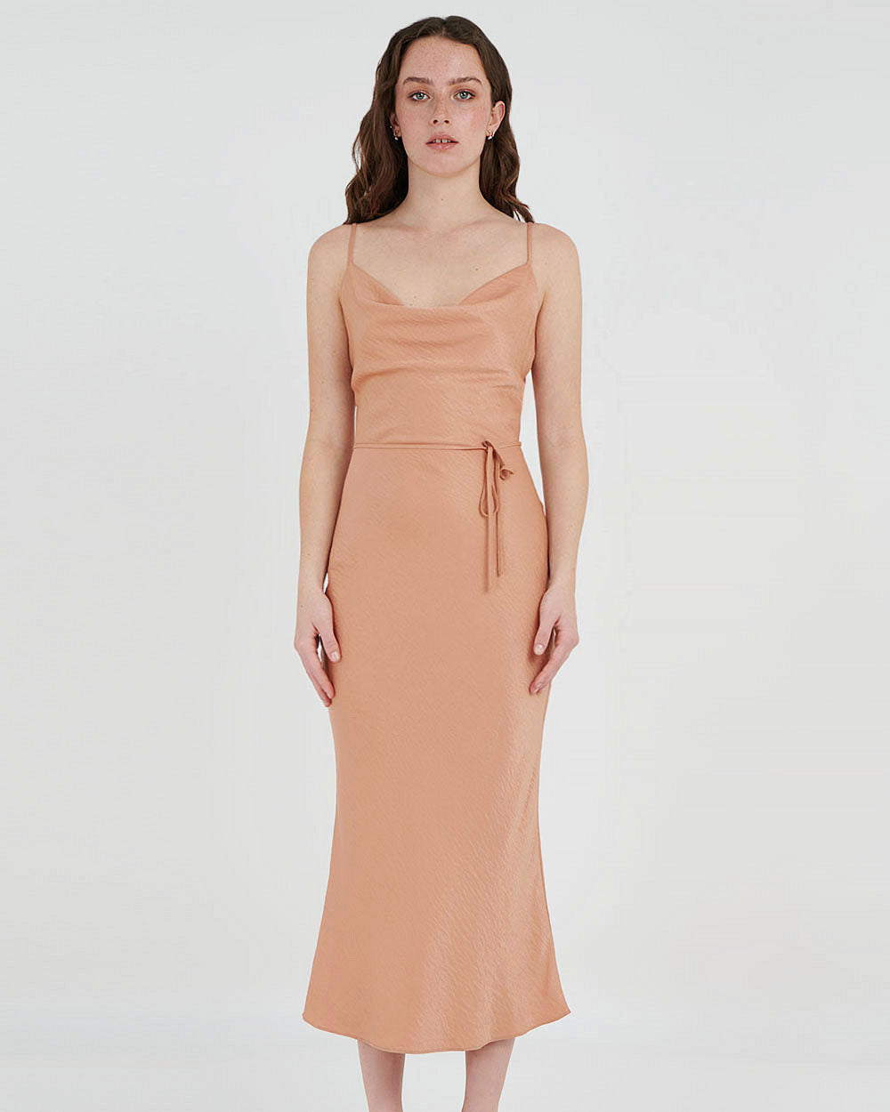 Carissa Bias Dress in dusty coral — close-up view