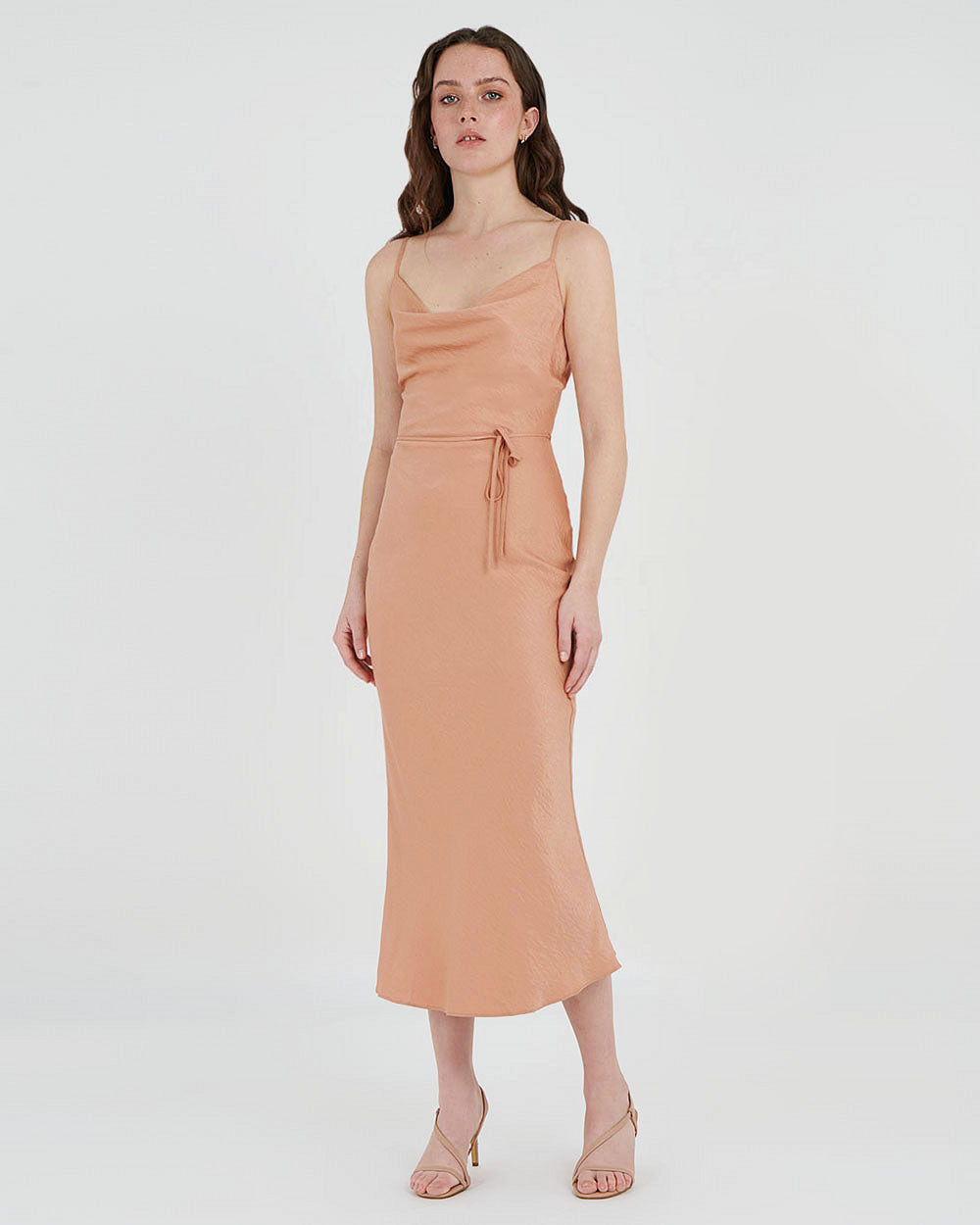 Carissa Bias Dress in dusty coral — full-length view