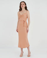 Carissa Bias Dress in dusty coral — full-length view