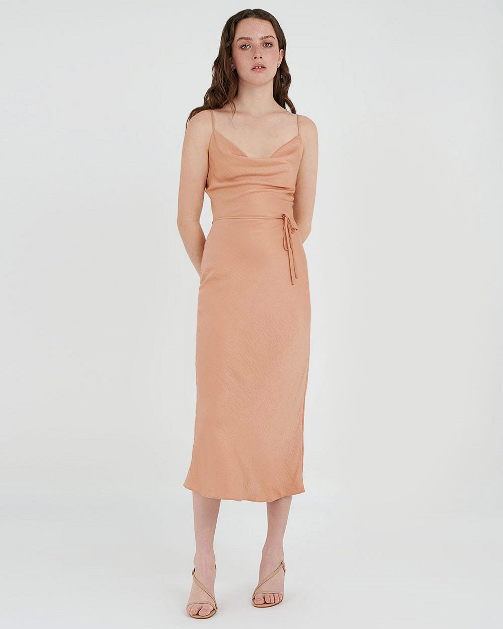 Carissa Bias Dress in dusty coral — full-length view 2